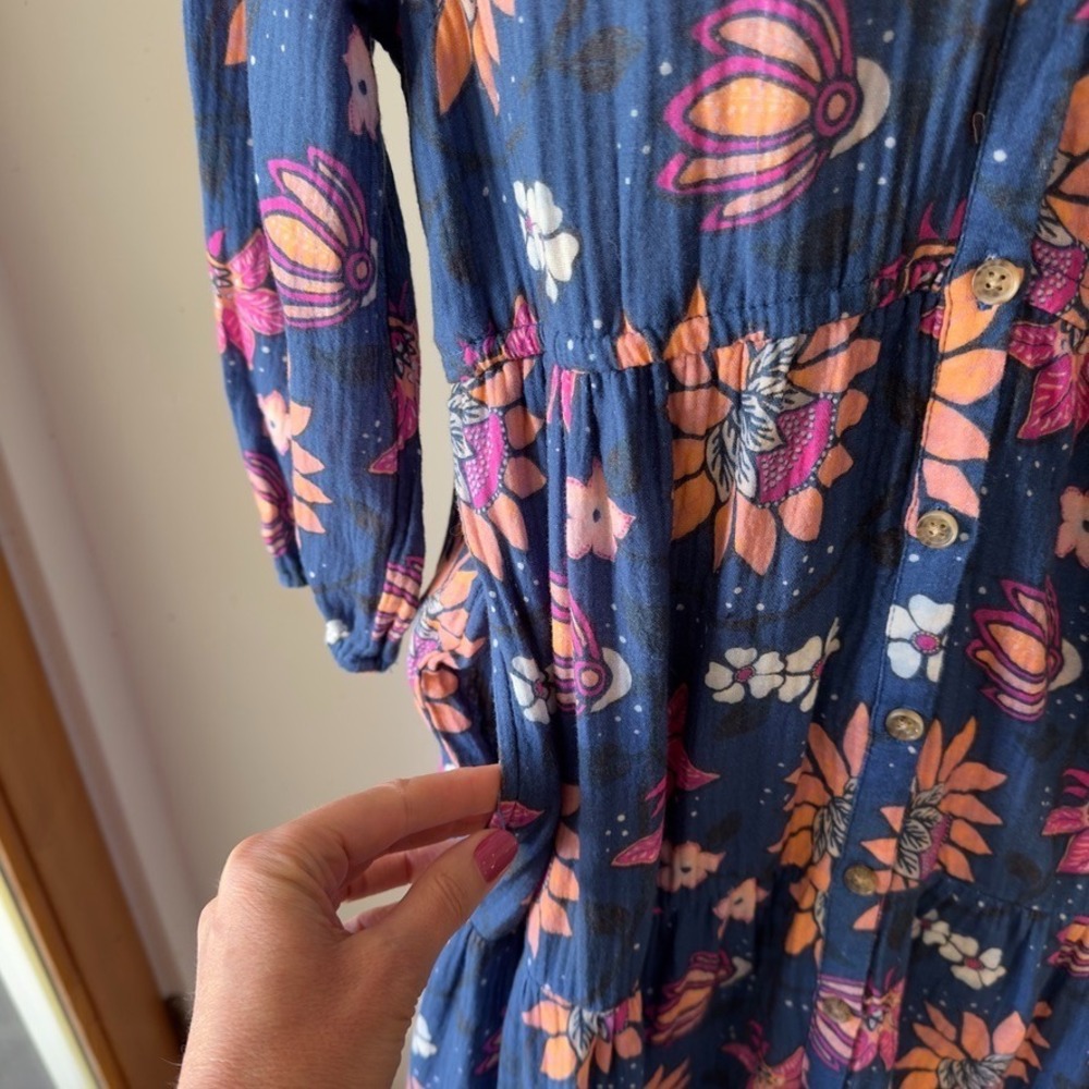 Marine Layer  Willow Long Sleeve V-neck Midi Dress-Cotton-Pockets-Batik Floral-M - Picture 3 of 16
